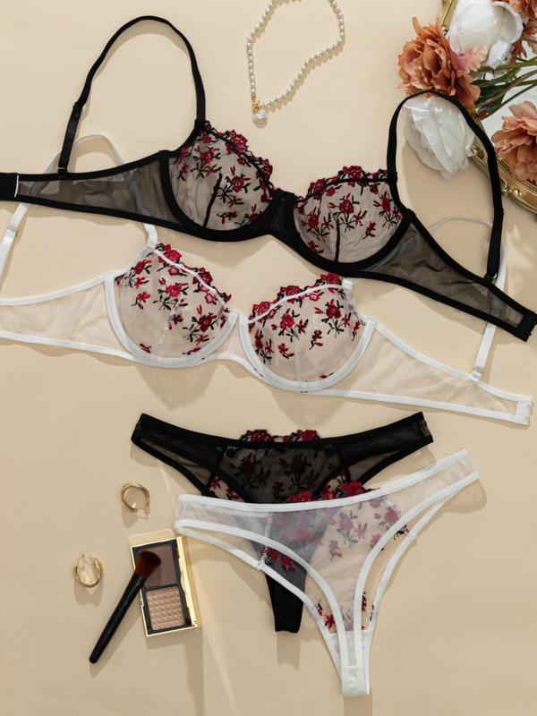 Women's Floral Embroidery Sheer Tulle Sexy Lingerie Set, Adjustable Strap Push Up Bra & Thong Set, Sexy Lingerie Set for Women