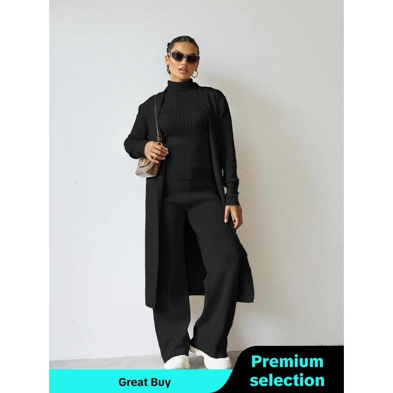 Three-Piece Set Women's Solid Turtle Neck Tank Top & Wide Leg Pants & Open Front Long Cardigan Set, Casual Fashion Cozy Three-piece Outfits for Daily Outdoor Wear, Women Clothes for Fall & Winter Womenswear Suits Gamis Basic Crewneck Long Sleeve