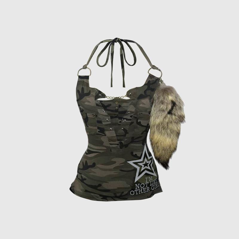 ROMWE Grunge Punk Y2K Vintage Punk Rivet Camouflage Chain Pentagram English Pendant Women Tank Top