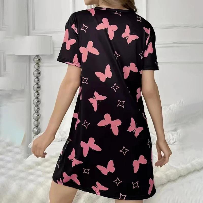 Women's Nightdress Summer Butterfly Print Nightgowns Casual Short Sleeve Tee Sleep Dress Soft Comfortable Sleepwear Nightwear Loungewear Pajama