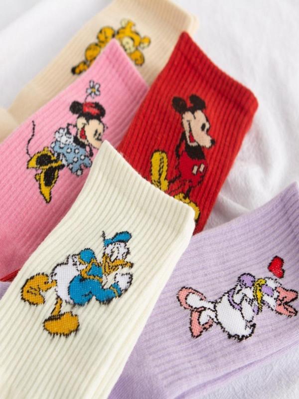 Women's Cartoon Mickey & Minnie Print Mid-calf Socks, Cute Comfy Breathable Socks for Daily Wear, Women's Socks for All Seasons