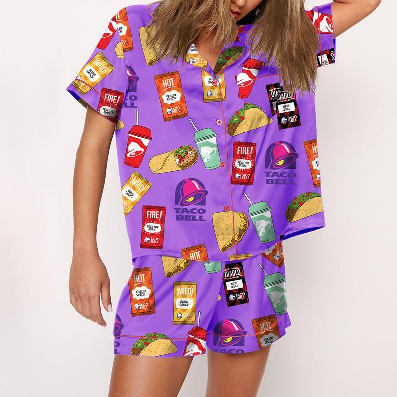 Taco Bell Pajama Set Print Comfy Cotton Sleepwear & Loungewear Pjs Short Sleeve Top & Shorts