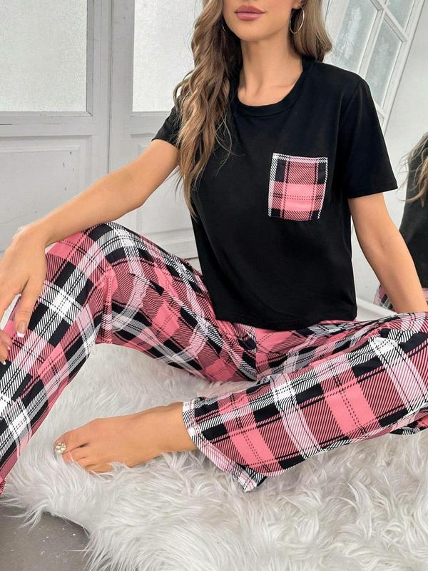 Two-Piece Set Women's Plaid Patchwork Print Pocket Tee & Plaid Pants Pyjama Set, Round Neck Short Sleeve T-shirt & Trousers Pj Set, Casual Comfy Sleepwear Set for Women