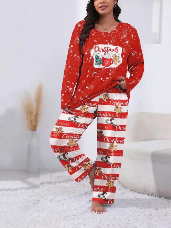  Two-Piece Set Christmas Print Drop Shoulder Tee & Pants Pajama, Casual Comfy Round Neck Long Sleeve T-shirt & Trousers PJ Set, Women's Sleepwear for Spring & Fall