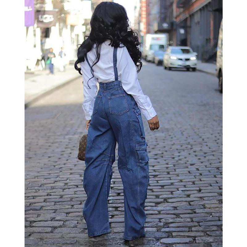 Spring and Autumn Street Fashion Youth Versatile Loose Multi-Pocket Suspender Jumpsuit Jeans