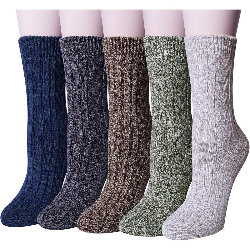 5 Pairs Women's Wool Socks Winter Warm Thick Knitted Soft Casual Mid-calf Boot Socks Gift