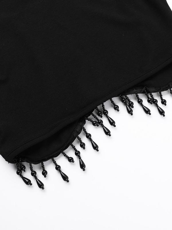 Women's Moon Design Fringe Trim Cut Out Crop Top, Punk Fashion Casual Contrast Mesh Sleeveless Top for Daily Outdoor Wear, Women Clothing for Fall