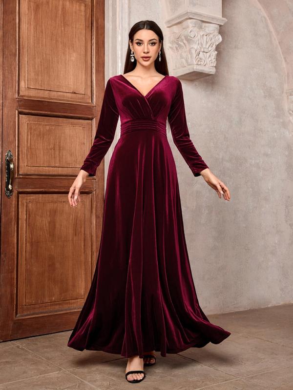 Women's Plain Ruched Wrap Velvet Dress, Elegant V Neck Long Sleeve A Line Dress for Party Evening Formal Occasions, Ladies Fall & Winter Clothes