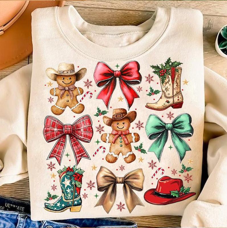 Christmas Howdy Gingerbread Cookie Shirt, Retro Christmas Cowboy Coquette Bow  Family Cozi Winter Season Graphic T-Shirt, Sweat Shirt, Hoodie Best Holiday Gifts