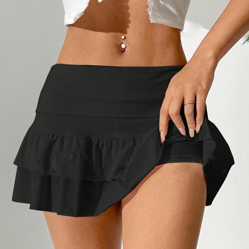 Women's Layered Ruffle Mini Skirts Casual Low Waist Solid Color A-Line Skirts Cute Summer Skirts skater  skirts lioness  skirt