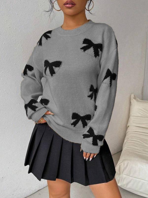 Women's Bow Print Drop Shoulder Sweater, Casual Long Sleeve Round Neck Jumper for Fall & Winter, Fashion Ladies' Knitwear for Daily Wear