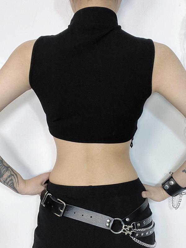 Women's Moon Design Fringe Trim Cut Out Crop Top, Punk Fashion Casual Contrast Mesh Sleeveless Top for Daily Outdoor Wear, Women Clothing for Fall