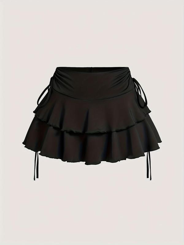 Women's Plain Ruched Lettuce Trim Layered Skirt, Elegant Tie Side Short Skirt for Party Holiday Vacation, Ladies Summer Clothes