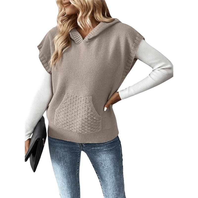 Women's Casual Kangaroo Pocket Hooded Neck Cap Sleeve Solid Sweater Vest Fit Womenswear