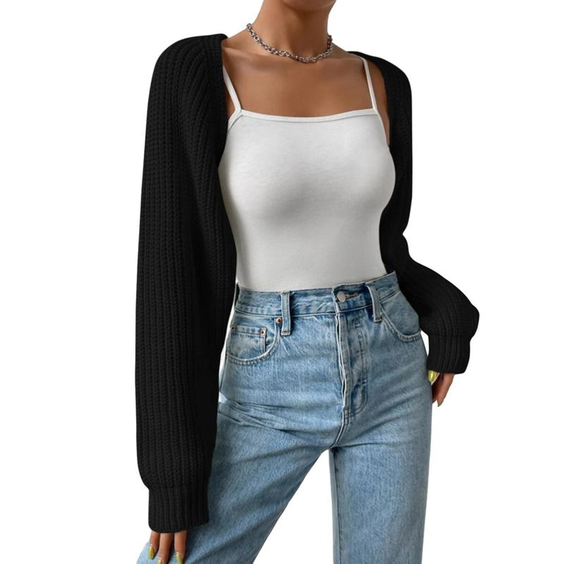 Women's Open Front Cropped Cardigan Long Sleeve Solid Color Ribbed Knit Shrug Sweater Bolero Tops Knitwear Womenswear Elegant Underwear knit cardigan