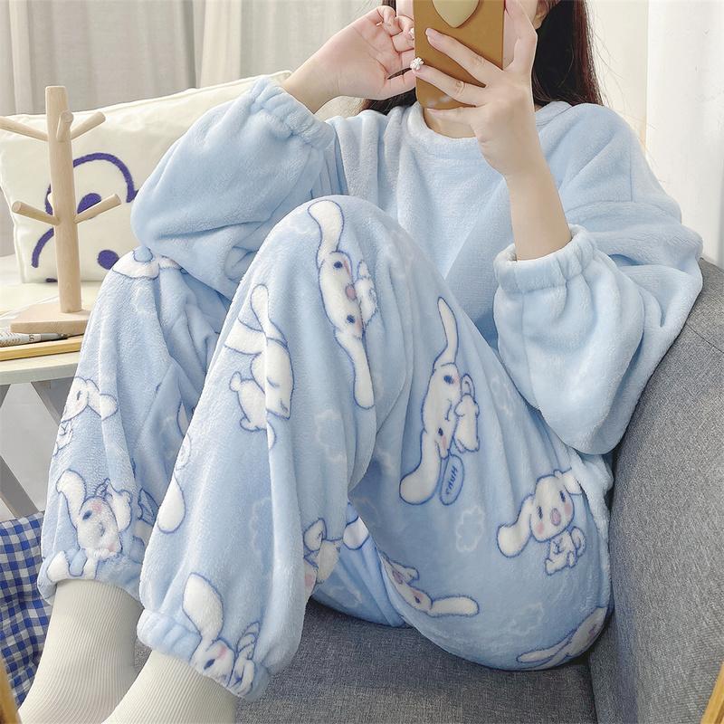 Cinnamoroll Pajamas Kawaii  Flannel Pullover Coral Velvet Winter Warm Pajamas Homewear Girl Gifts