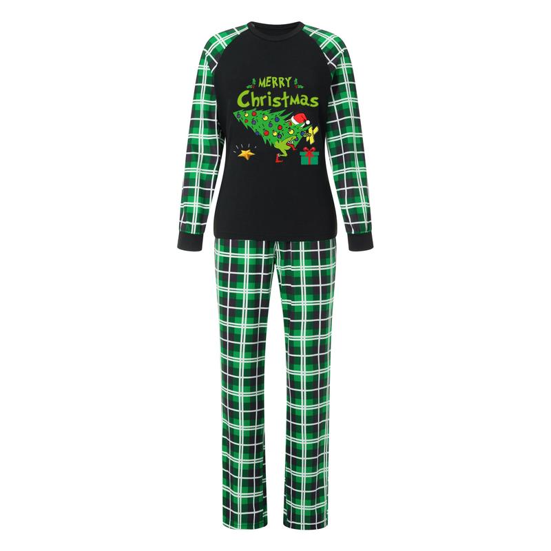 Christmas Pajamas for Family Funny Elf Stole Tree Print Long Sleeve Tops + Trousers Set Holiday Nightwear