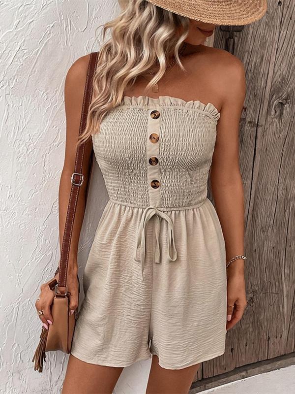 Women's Plain Ruched Frill Shirred Tie Front Drawstring Tube Romper, Fitted Clothes, Button Decor Casual Sleeveless High Waist Romper for Summer, Fashion Ladies' Clothes