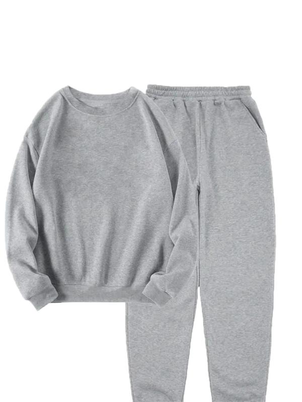 Women's 2pcs Spring Solid Drop Shoulder Round Neck Pullover & Pocket Sweatpants Set, Casual Fashion Cozy Crew Neck Long Sleeve Sweatshirt & Jogger Pants for Daily Wear, Women's Clothing for Spring & Fall 90s Clothes