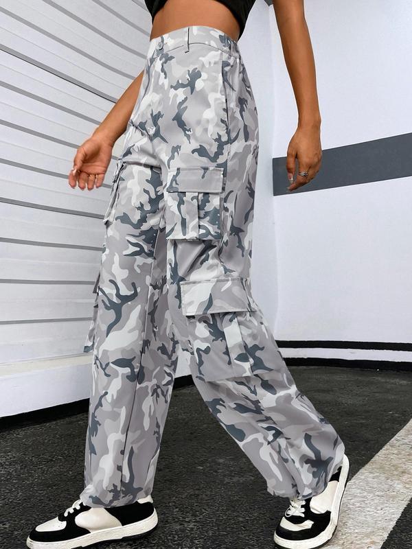 Women's Camo Print High Waist Drawstring Hem Cargo Pants, Casual Flap Pocket Button Wide Leg Trousers for Spring & Fall, Women's Bottoms for Daily Wear