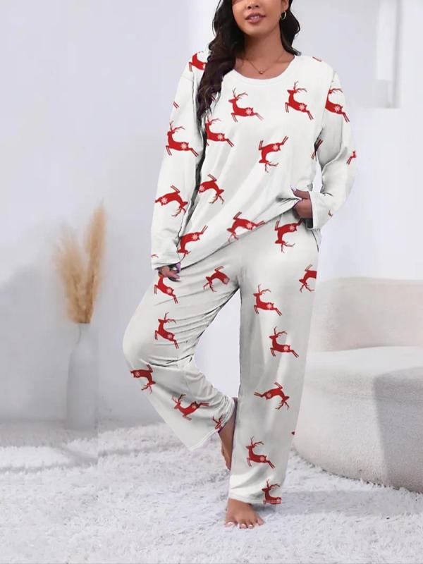  Two-Piece Set Christmas Print Drop Shoulder Tee & Pants Pajama, Casual Comfy Round Neck Long Sleeve T-shirt & Trousers PJ Set, Women's Sleepwear for Spring & Fall