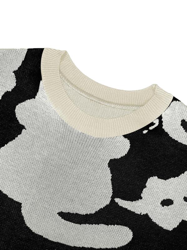 Women's Cartoon Cat Print Drop Shoulder Sweater, Casual Long Sleeve Round Neck Jumper for Fall & Winter, Fashion Ladies' Knitwear for Daily Wear