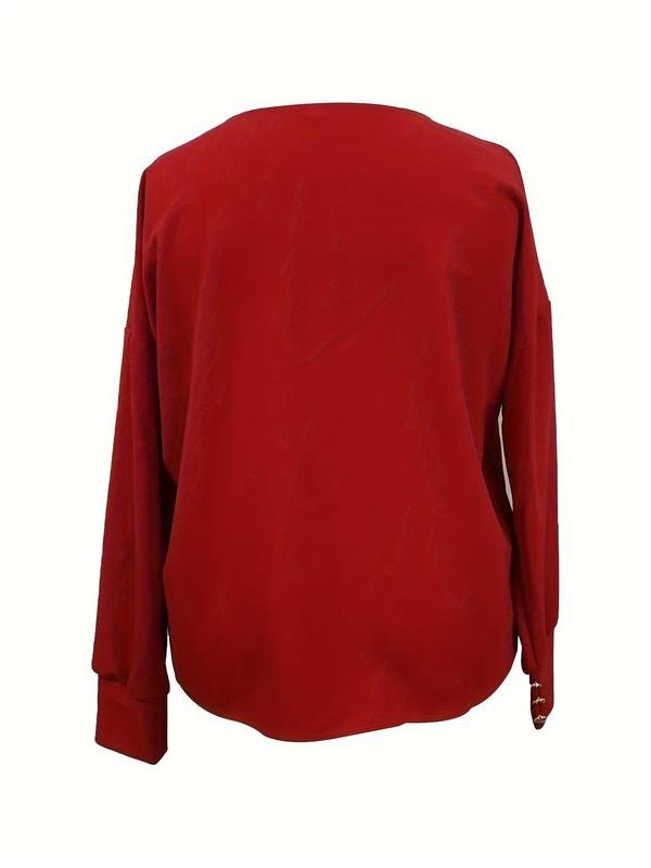 Plus Size Plain Button V Neck Knit Top, Casual Long Sleeve Going Out Tops for Fall & Winter, Women's Plus Clothing for Daily Wear, Fall Clothing Women
