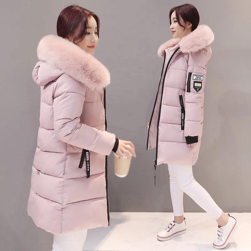 Women's Parka Coats Solid Color Cotton Casual Faux Fur Collar Long Hooded Jackets Thick Warm Slim-fit Jacket Female Overcoat Clothes Christmas Gift