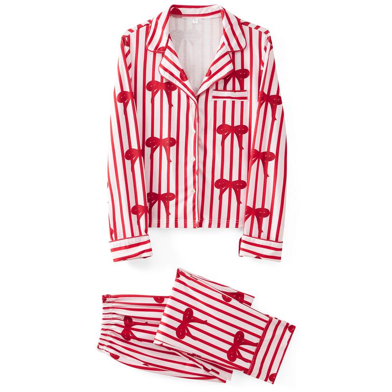 Family Pjs Matching Sets Lapel Neck Button-up Long Sleeve Tops Long Pants Sets Couples Christmas Holiday Jammies