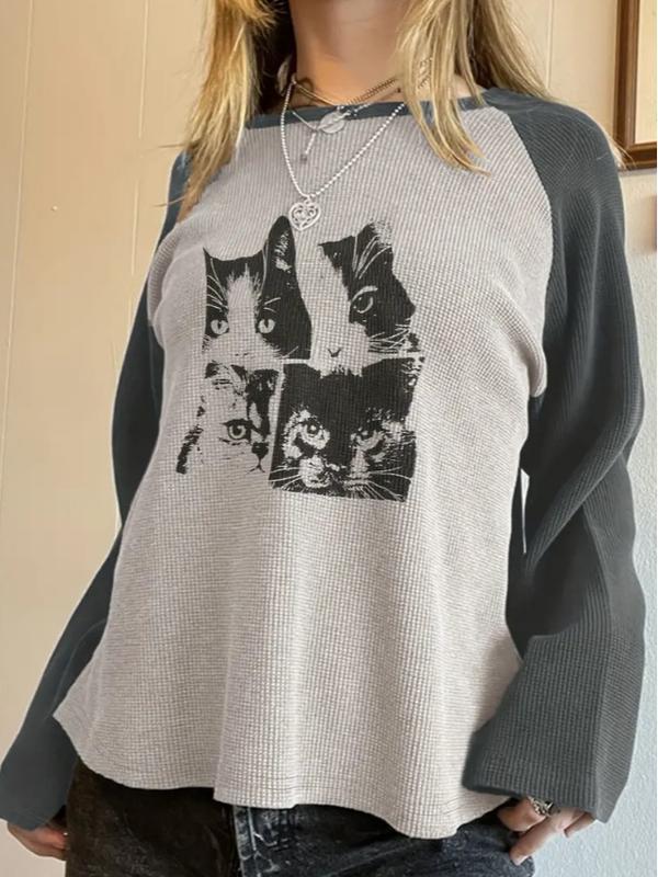 Women's Cat Print Colorblock Long Raglan Sleeve Pullover, Cute Sweater, Knitwear, Comfort Casual Womenswear Comfortable