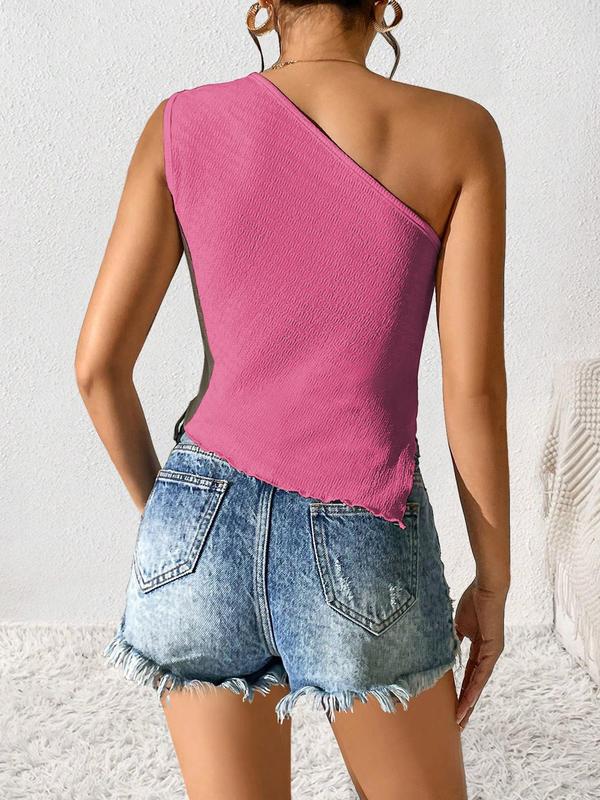 Women's Plain Lettuce Trim One Shoulder Tank Top, Casual Jacquard Asymmetrical Hem Top for Summer, Ladies Clothes for Daily Wear