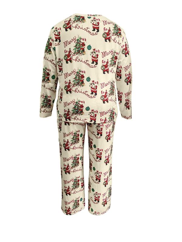  Two-Piece Set Christmas Print Drop Shoulder Tee & Pants Pajama, Casual Comfy Round Neck Long Sleeve T-shirt & Trousers PJ Set, Women's Sleepwear for Spring & Fall