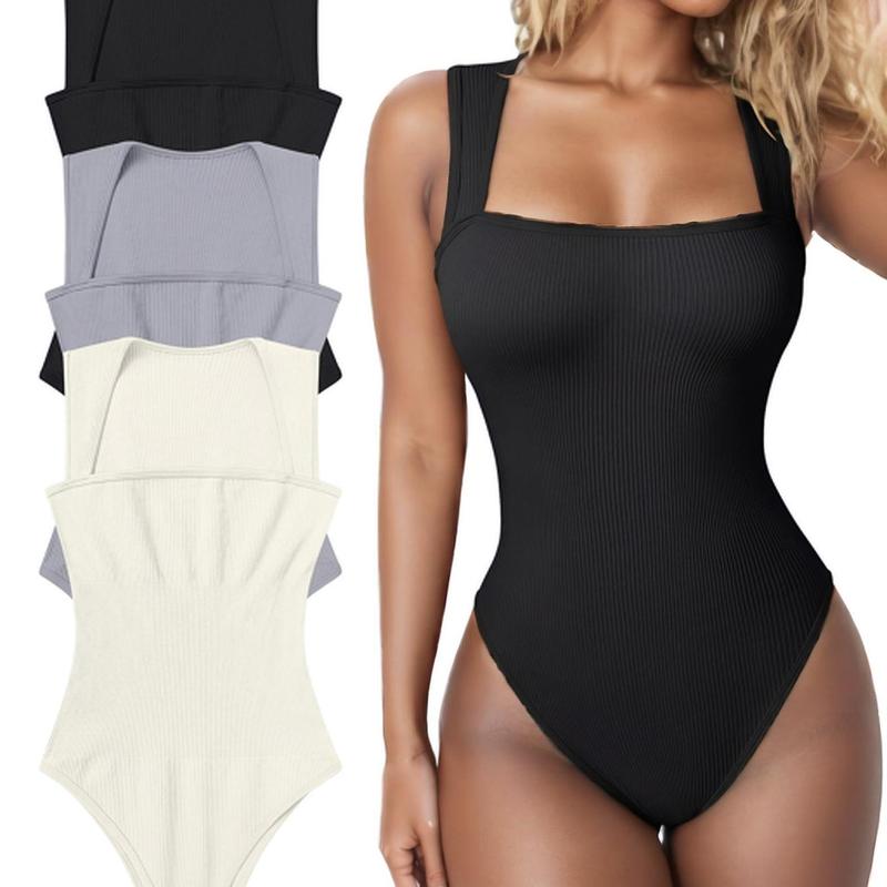 Trending Women's 3 Piece Bodysuits | Sexy Ribbed Strappy Square Neck Sleeveless Tops | Tummy Control Underwear Womenswear Lady Comfort Basic Minimalist slim-fitting party slim-fitting simple viral bodysuit yz y long sleeve