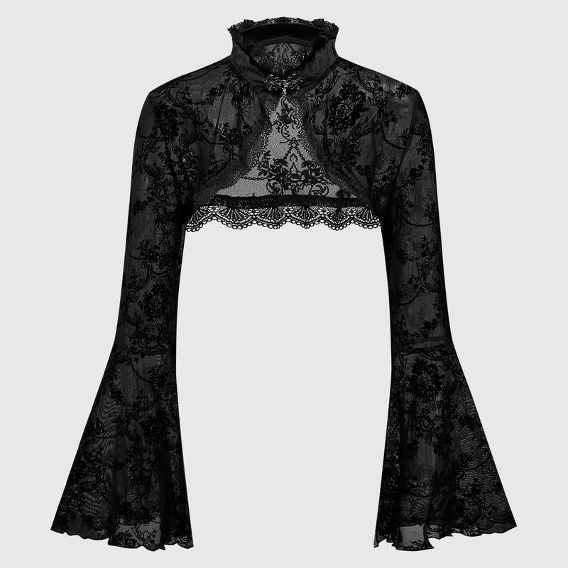 ROMWE Goth Gothic Versatile Slit Bell Sleeve Women Retro Flocked Black Lace Top