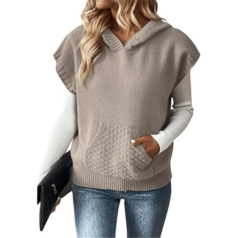 Women's Casual Kangaroo Pocket Hooded Neck Cap Sleeve Solid Sweater Vest Fit Womenswear