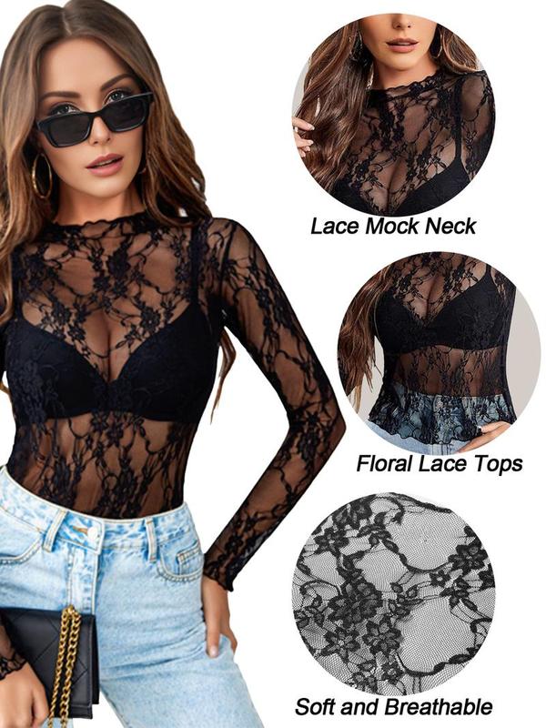 Women's Layering Mesh Top Long Sleeve MockNeck Sheer Blouse Plus Size See Through FloralLace Tops