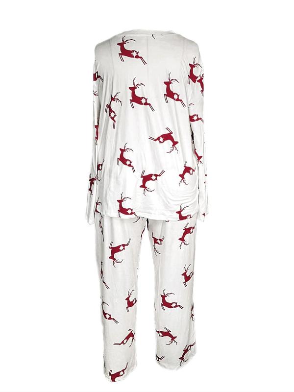  Two-Piece Set Christmas Print Drop Shoulder Tee & Pants Pajama, Casual Comfy Round Neck Long Sleeve T-shirt & Trousers PJ Set, Women's Sleepwear for Spring & Fall