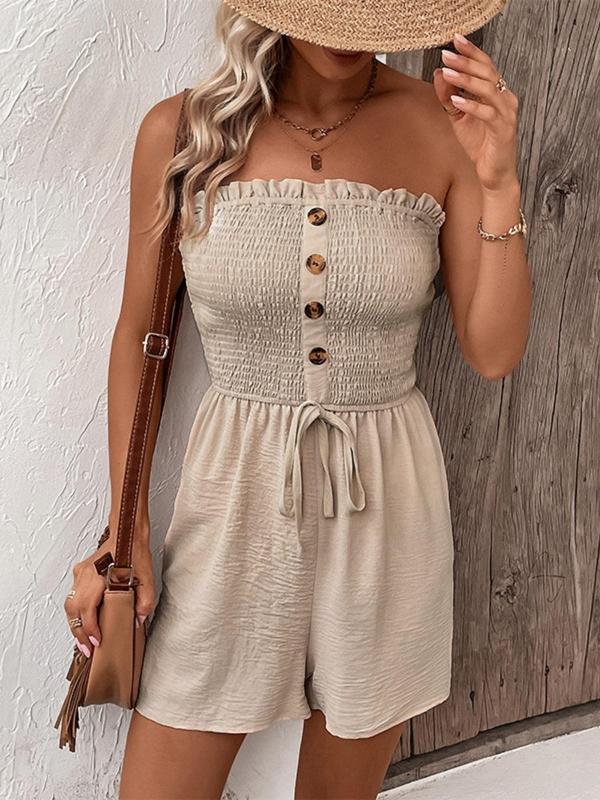 Women's Plain Ruched Frill Shirred Tie Front Drawstring Tube Romper, Fitted Clothes, Button Decor Casual Sleeveless High Waist Romper for Summer, Fashion Ladies' Clothes