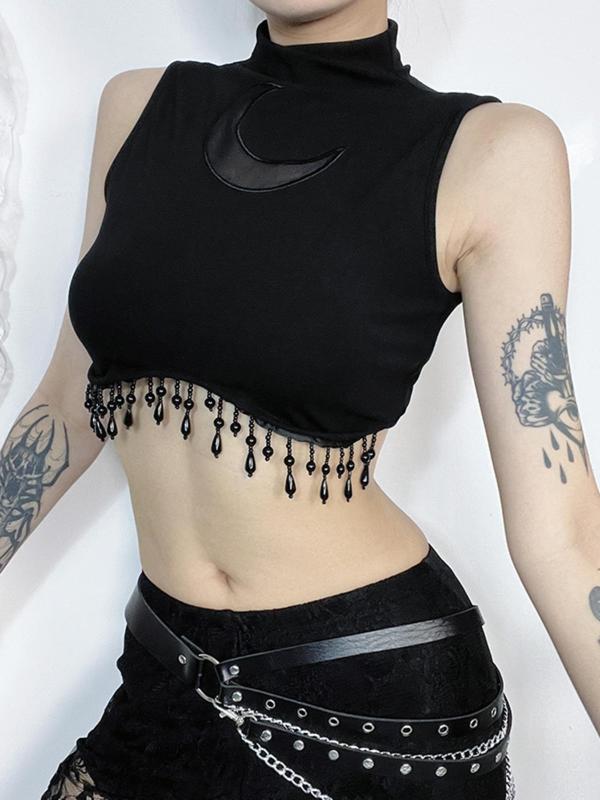 Women's Moon Design Fringe Trim Cut Out Crop Top, Punk Fashion Casual Contrast Mesh Sleeveless Top for Daily Outdoor Wear, Women Clothing for Fall