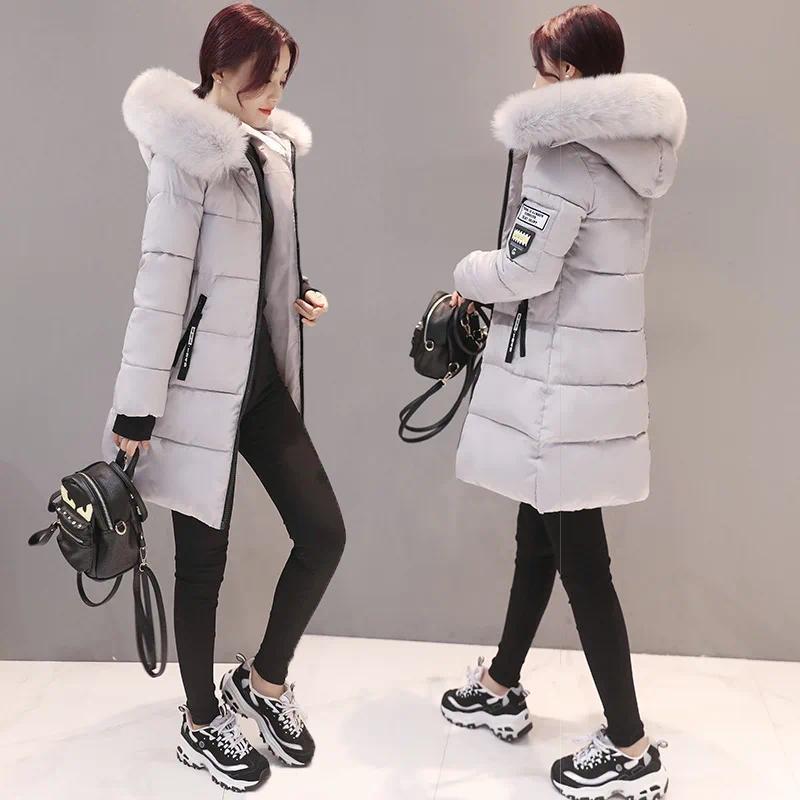 Women's Parka Coats Solid Color Cotton Casual Faux Fur Collar Long Hooded Jackets Thick Warm Slim-fit Jacket Female Overcoat Clothes Christmas Gift