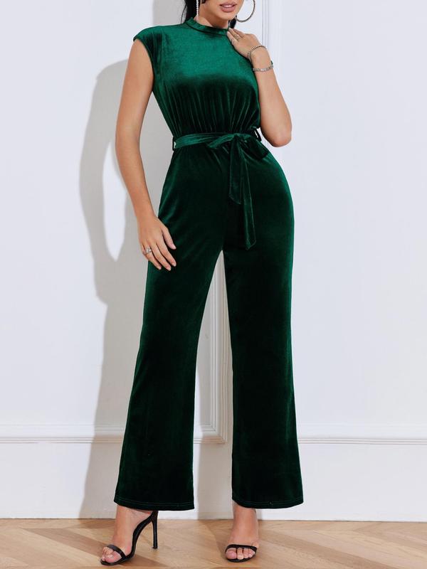 YOZY Women's Cut Out Belted Velvet Wide Leg Jumpsuit, Elegant Batwing Sleeve Mock Neck Jumpsuit for Vacation Holiday, Ladies Spring & Summer Clothes