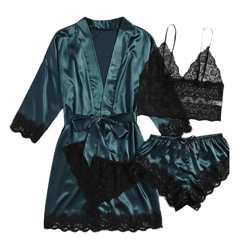 Women' Silk Satin Pajamas Set 4pcs Lingerie Floral Lace Sleepwear With Robe Nightgown Long