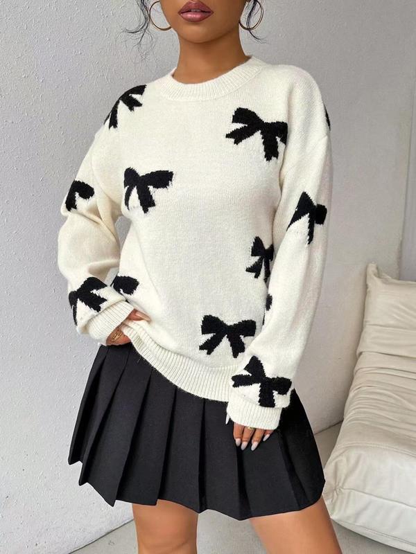 Women's Bow Print Drop Shoulder Sweater, Casual Long Sleeve Round Neck Jumper for Fall & Winter, Fashion Ladies' Knitwear for Daily Wear