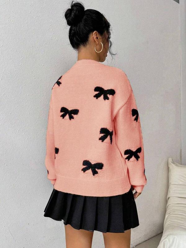 Women's Bow Print Drop Shoulder Sweater, Casual Long Sleeve Round Neck Jumper for Fall & Winter, Fashion Ladies' Knitwear for Daily Wear