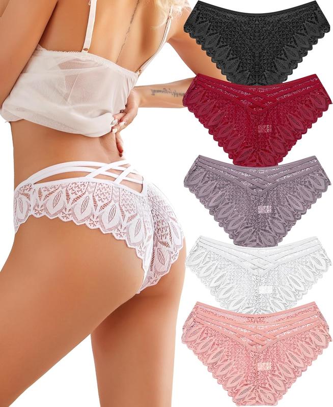 Cheeky Underwear for Women Sexy Lace Panties Criss Cross  Bikini Underwear Hipster Panty 5 Pack