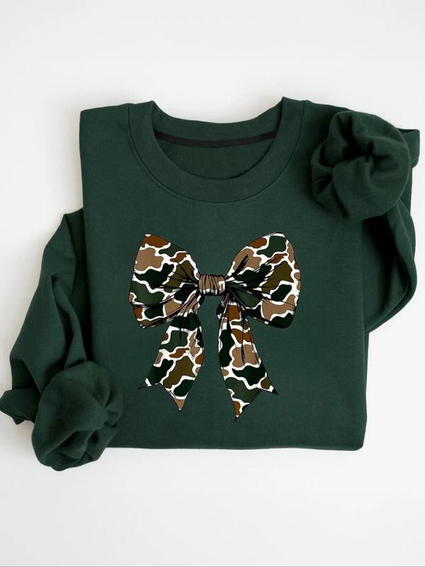 Women's Camo Print Bow Print Pullover Sweatshirt, Casual Long Sleeve Crew Neck Top for Fall & Winter, Women's Clothes for Daily Wear