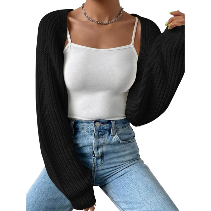 Women's Open Front Cropped Cardigan Long Sleeve Solid Color Ribbed Knit Shrug Sweater Bolero Tops Knitwear Womenswear Elegant Underwear knit cardigan