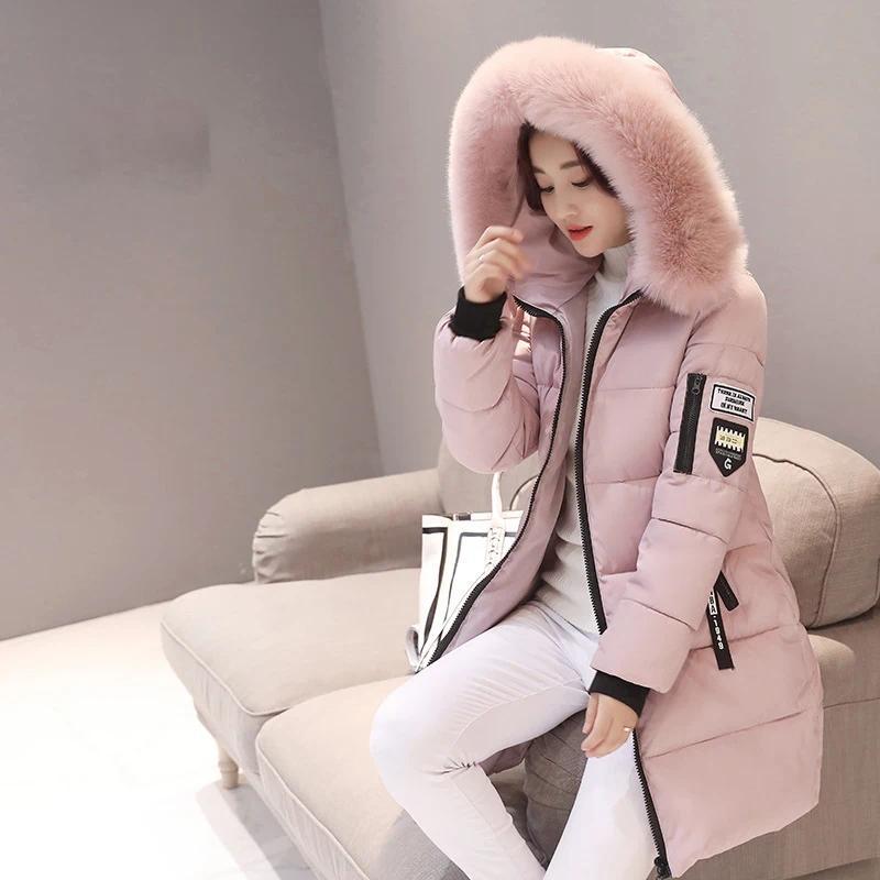 Women's Parka Coats Solid Color Cotton Casual Faux Fur Collar Long Hooded Jackets Thick Warm Slim-fit Jacket Female Overcoat Clothes Christmas Gift