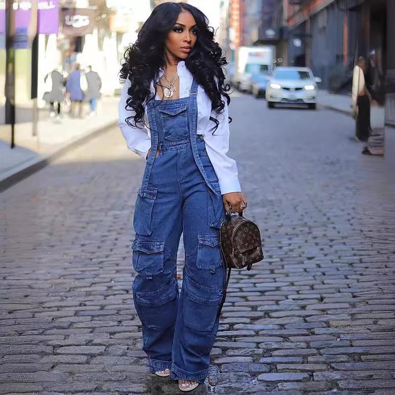 Spring and Autumn Street Fashion Youth Versatile Loose Multi-Pocket Suspender Jumpsuit Jeans