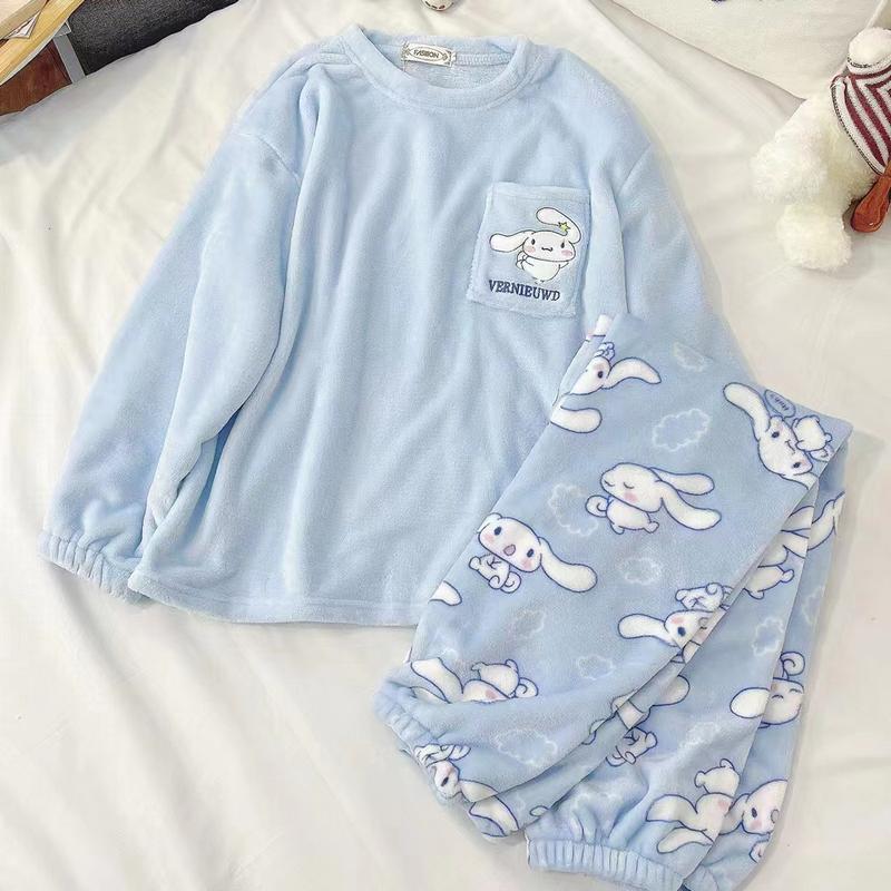 Cinnamoroll Pajamas Kawaii  Flannel Pullover Coral Velvet Winter Warm Pajamas Homewear Girl Gifts